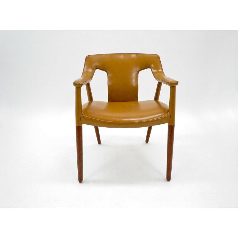 Armchair in tan Leather and Teak by Bender Madsen and Larsen - 1950s