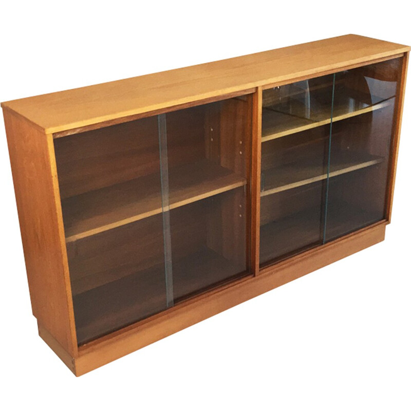Beech long and low book case with glass sliding doors for Morris of Glasgow - 1970s