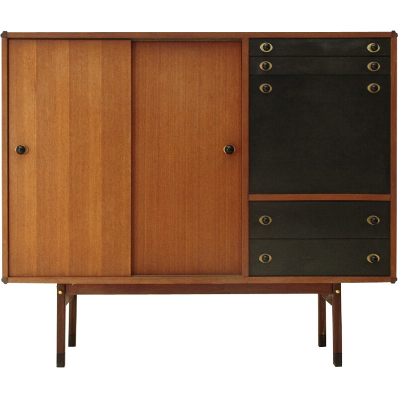 Italian Highboard with Wood and Brass Knobs - 1960s