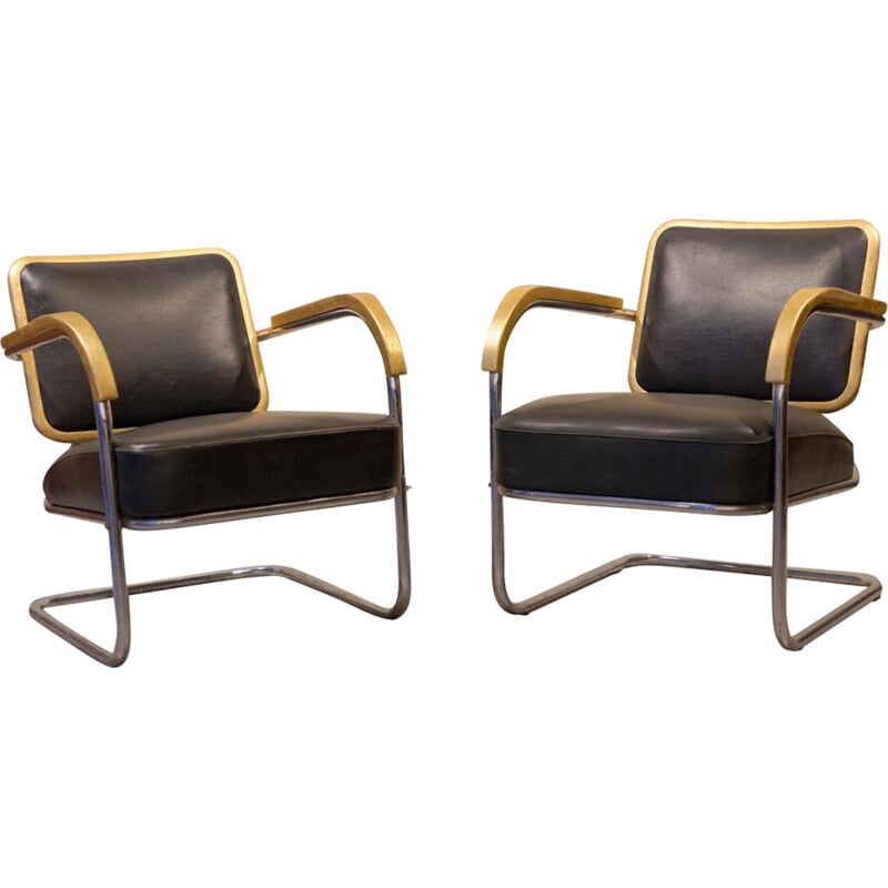 Pair of vintage black armchair - 1930s