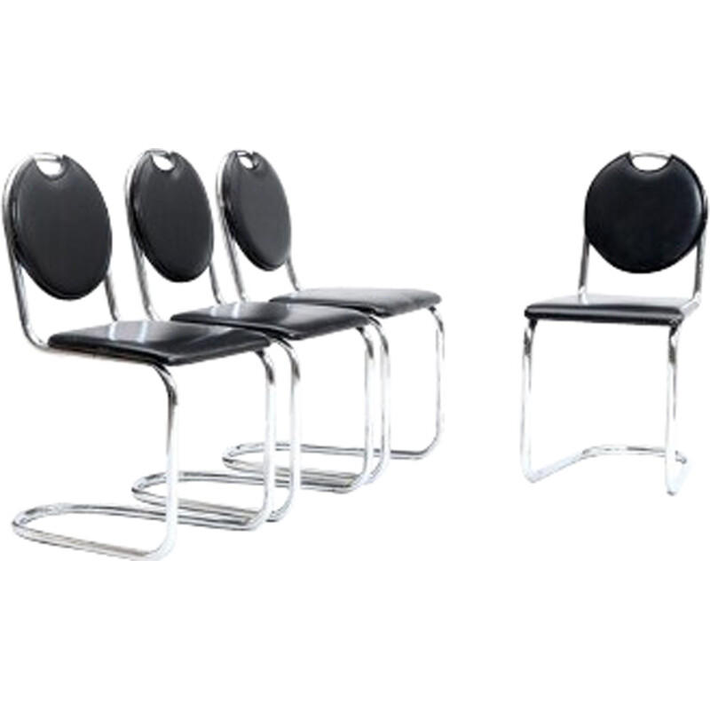Set of 4 Chromed and leather Chairs, Bauhaus by Sven Markelius - 1940s