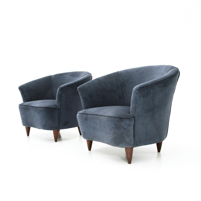 Paire de fauteuils vintage en velours bleu, italie - 1950