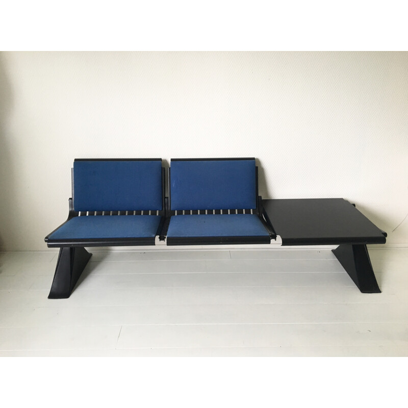 Industrial Metal Bench with Blue Fabric and Table by Artifort - 1970s