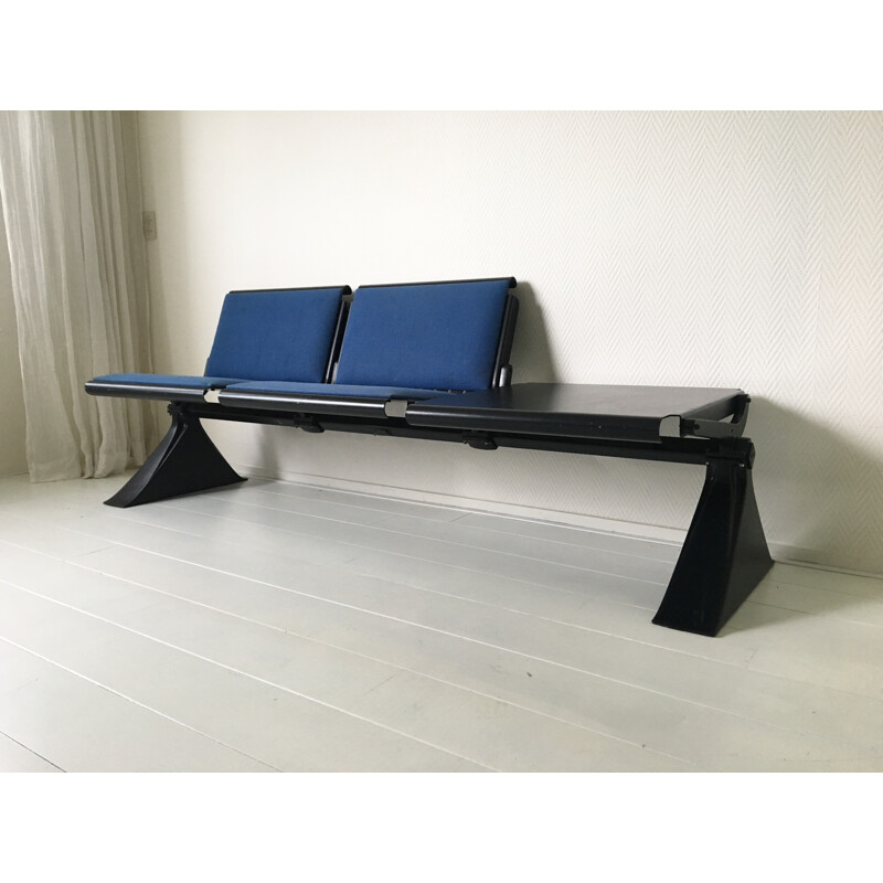 Industrial Metal Bench with Blue Fabric and Table by Artifort - 1970s