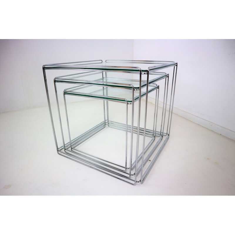 Set of 3 chrome nesting tables "Isocele" by Max Sauze - 1970s