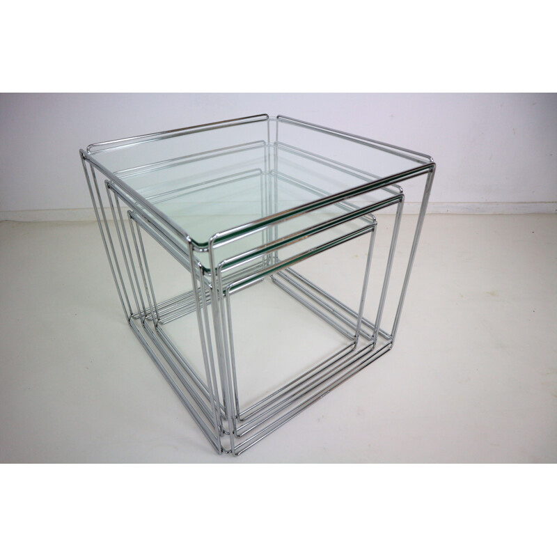 Set of 3 chrome nesting tables "Isocele" by Max Sauze - 1970s