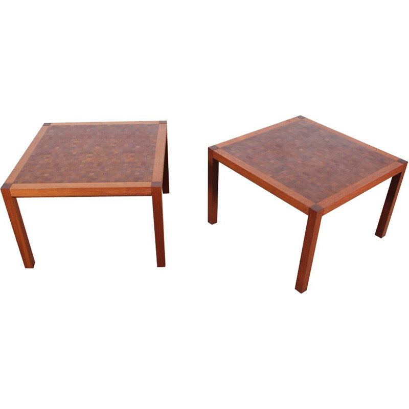 Pair of square Scandinavian coffee tables made of marquetry by Rolf Middelboe & Gorm Lindum - 1970s