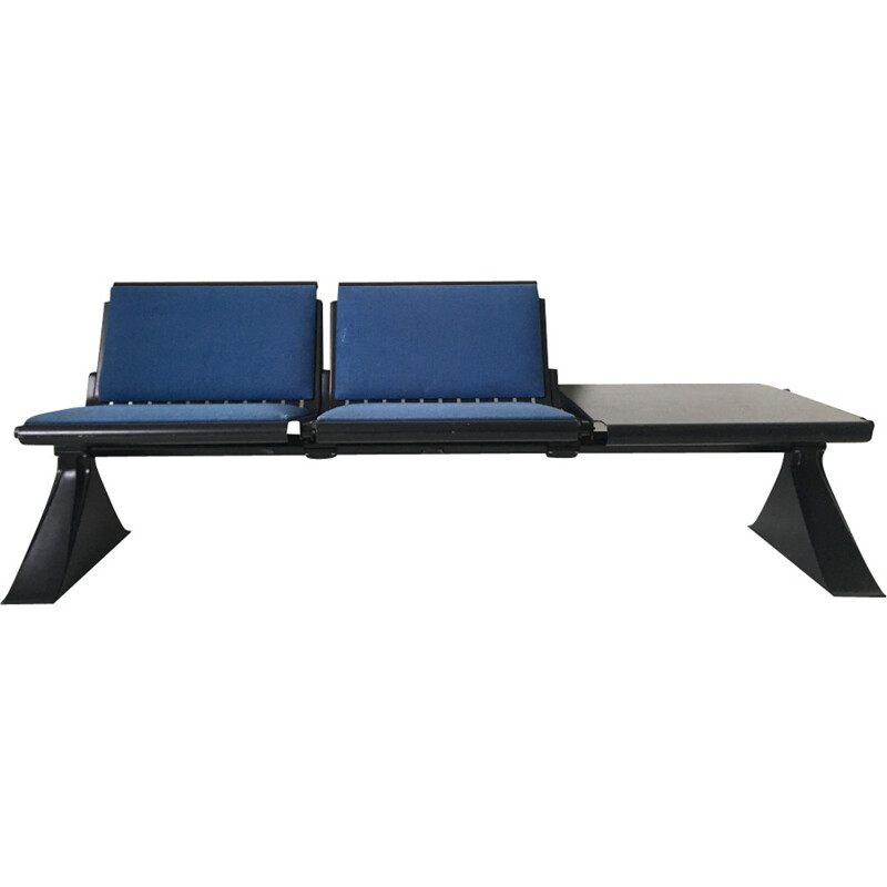 Industrial Metal Bench with Blue Fabric and Table by Artifort - 1970s