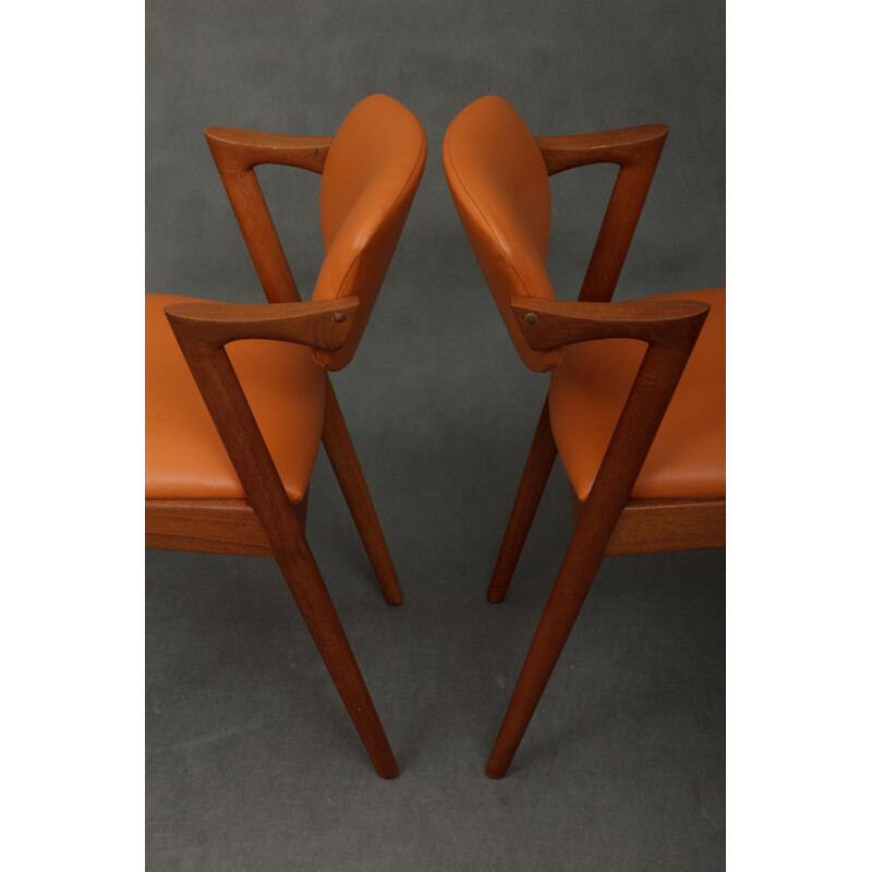Pair of teak camel leather chairs by Kai Kristiansen - 1960s