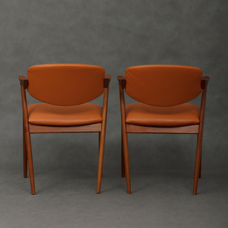 Pair of teak camel leather chairs by Kai Kristiansen - 1960s