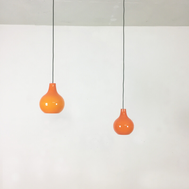 Paire of original german orange glass Hanging Light for Peill & Putzler Germany - 1970s