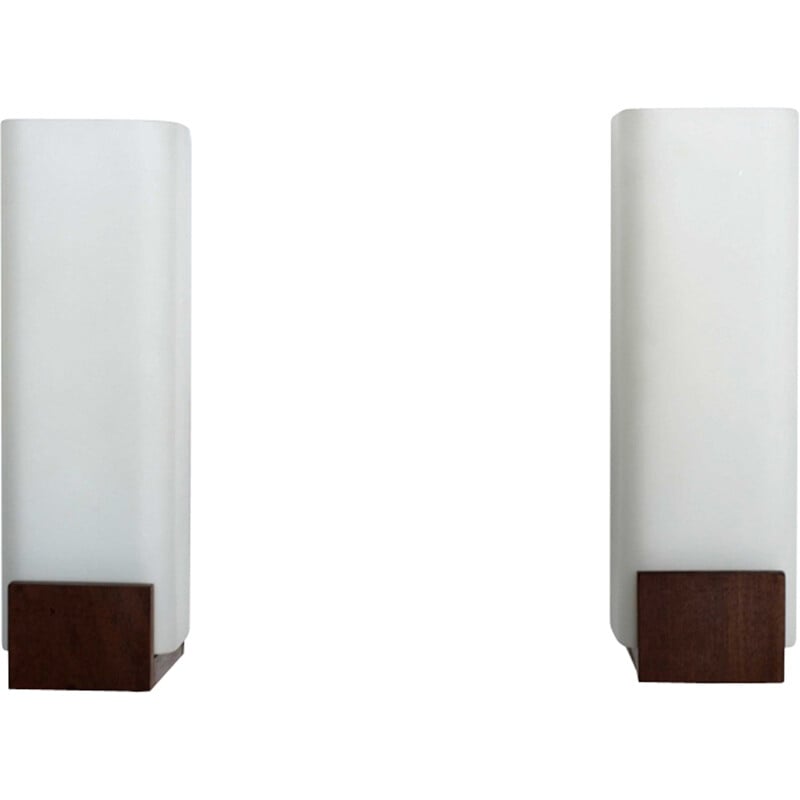 Pair of wall lamps in wood and opaline by Louis Kalff - 1950s