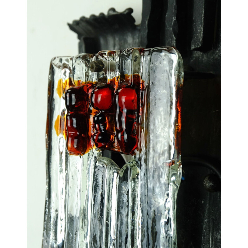 brutalist iron and glass WALL LAMP sconce clear and amber glass - 1960s