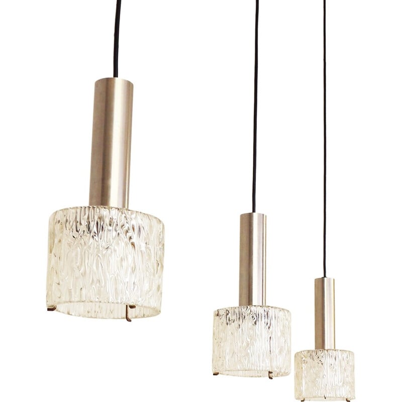 Set of 3 glass and brushed metal hanging lamps - 1960s