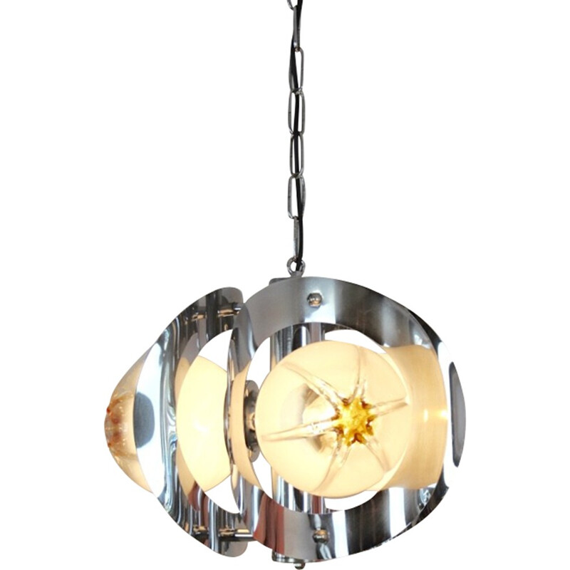 Vintage geometric pendant lamp in chromed metal and glass by A.V. Mazzega, 1970