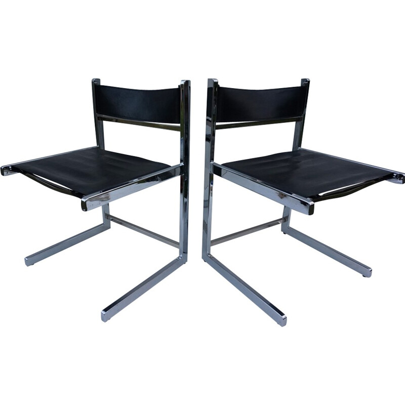 Set of 2 cantilever metal and leather chairs - 1970s 