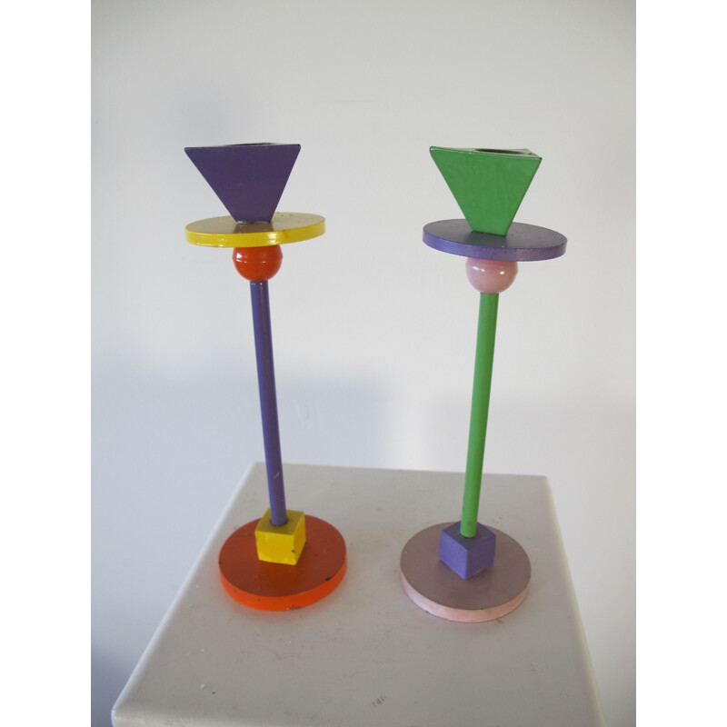 Set of 2 Enameled Iron Memphis Candlesticks - 1980s