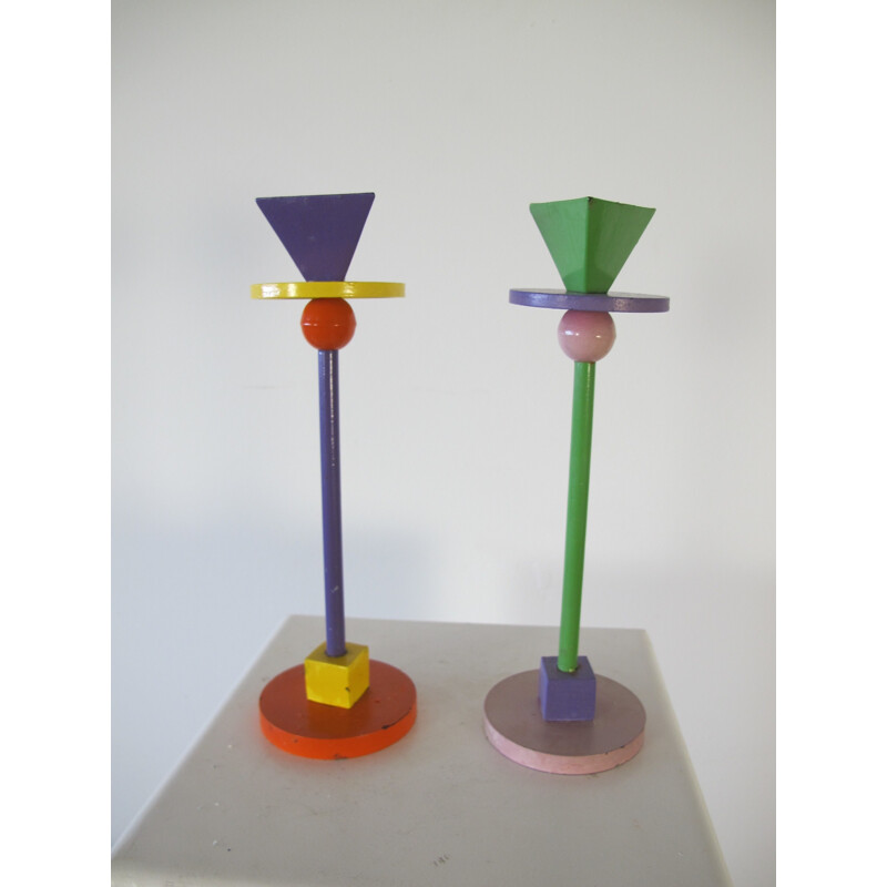 Set of 2 Enameled Iron Memphis Candlesticks - 1980s