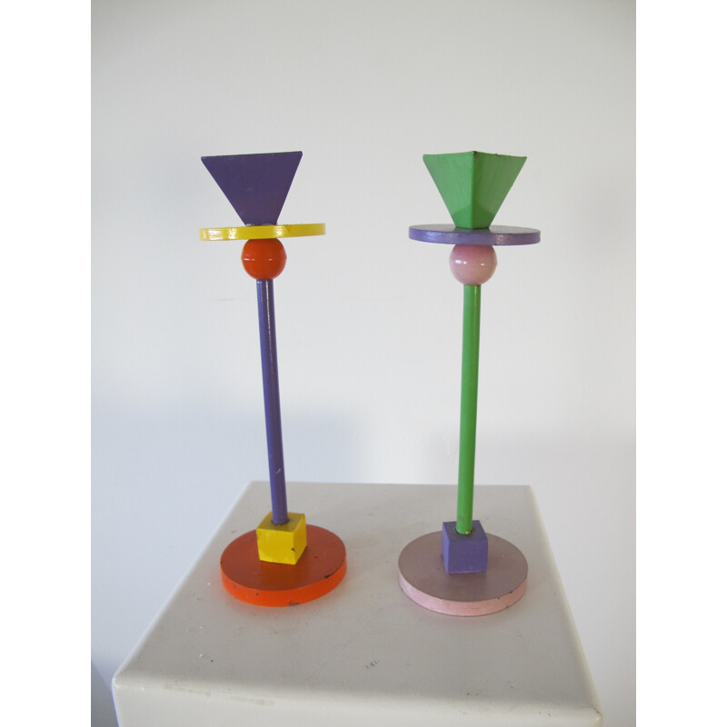 Set of 2 Enameled Iron Memphis Candlesticks - 1980s