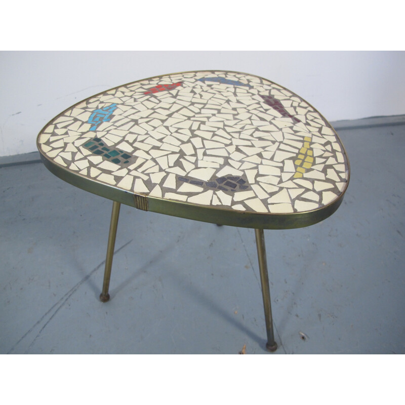 Table d'appoint vintage en mosaïque et laiton - 1950