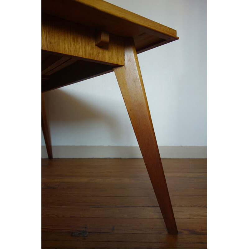 Oak Vintage dining table with compass legs - 1950s