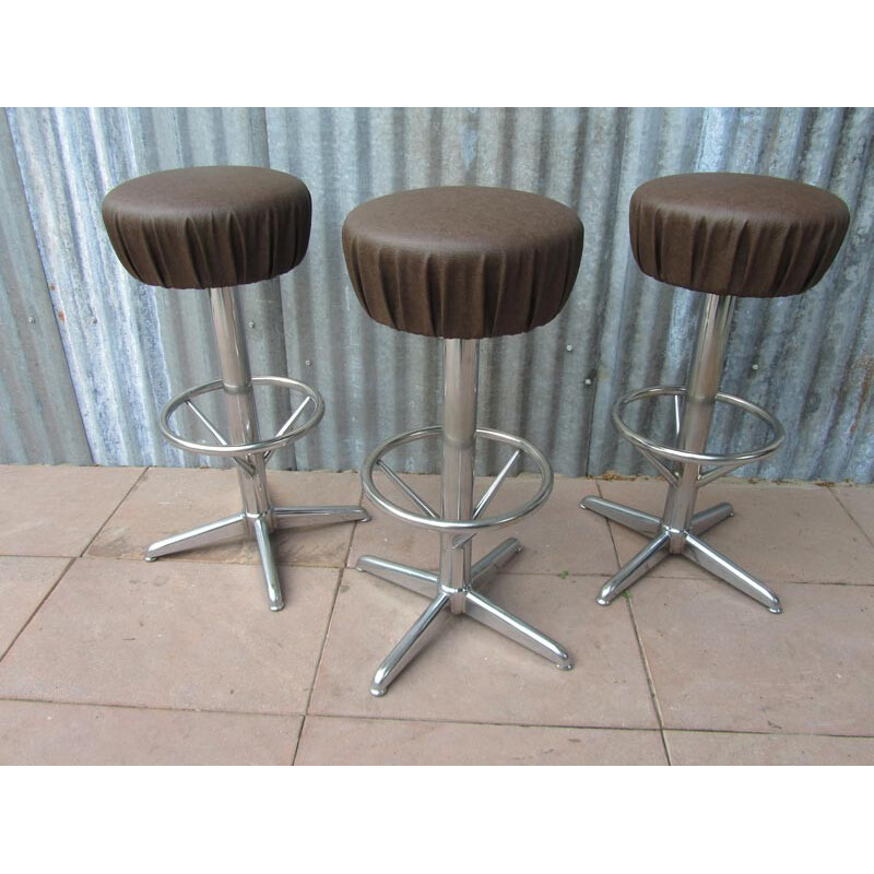 Set of 3 bar stools in brown leatherette - 1950s