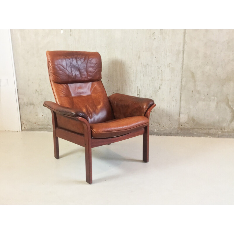 Fauteuil vintage en cuir marron par G Mobel - 1960