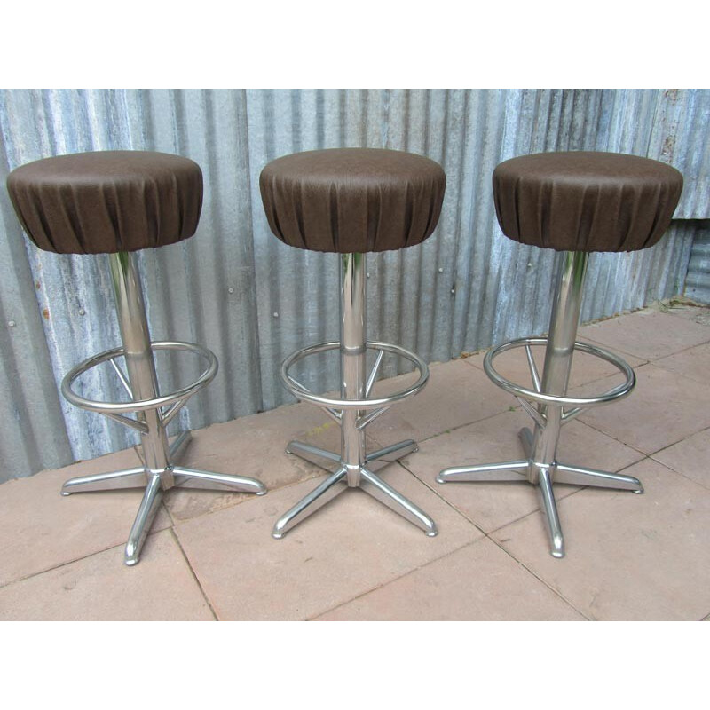 Set of 3 bar stools in brown leatherette - 1950s