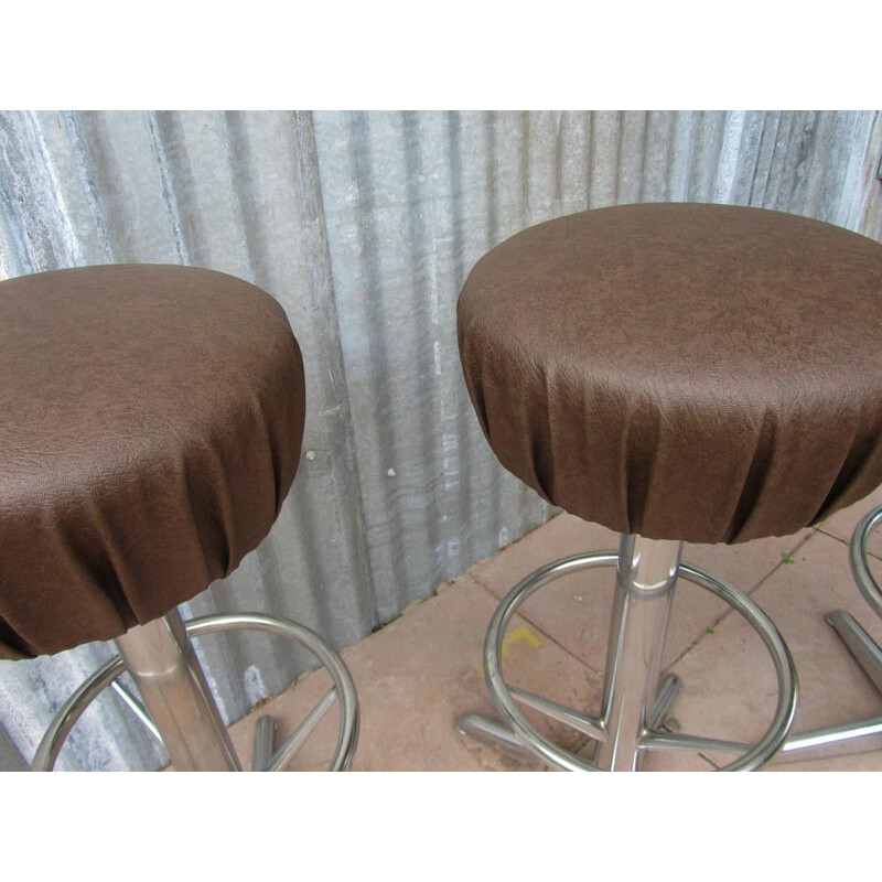 Set of 3 bar stools in brown leatherette - 1950s