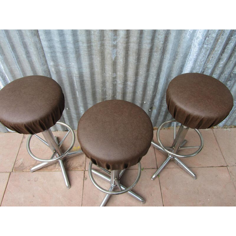 Set of 3 bar stools in brown leatherette - 1950s