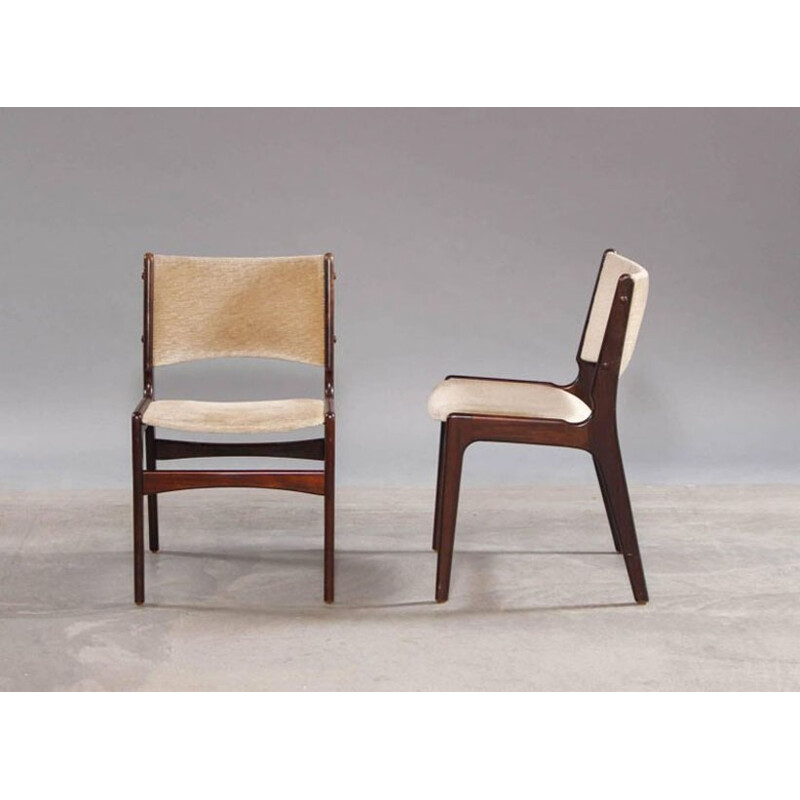 Set of 5 vintage dining chairs in solid teak and in velvet - 1950s