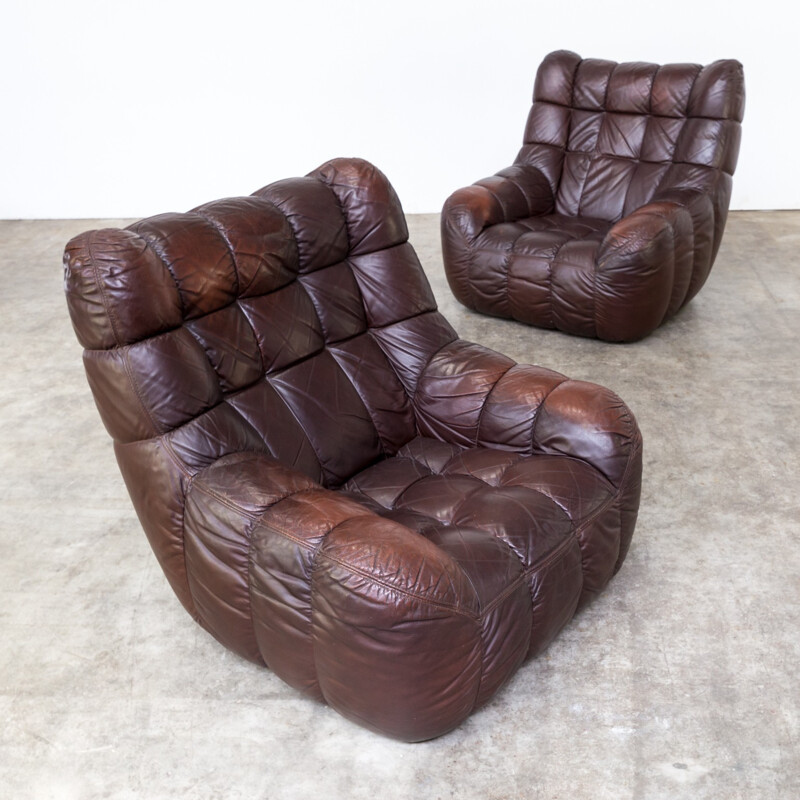 Suite de 2 fauteuils lounge vintage cubiste en patchwork - 1960