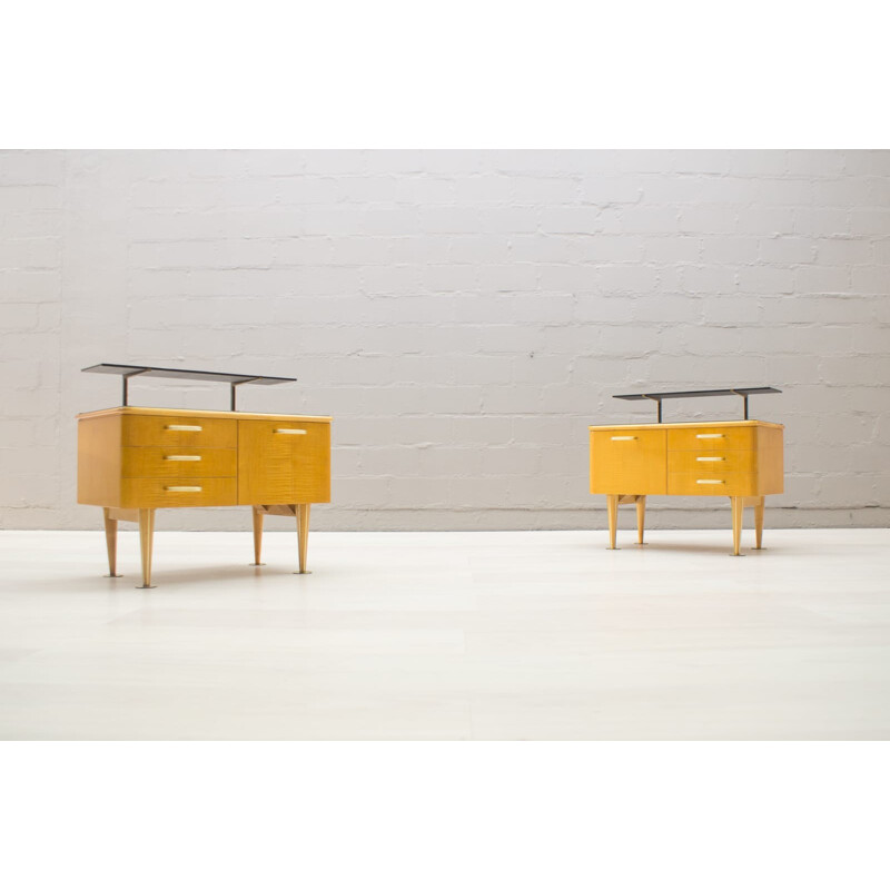 Pair of elegant Mid-Century Night Consoles with Black Glass - 1950s