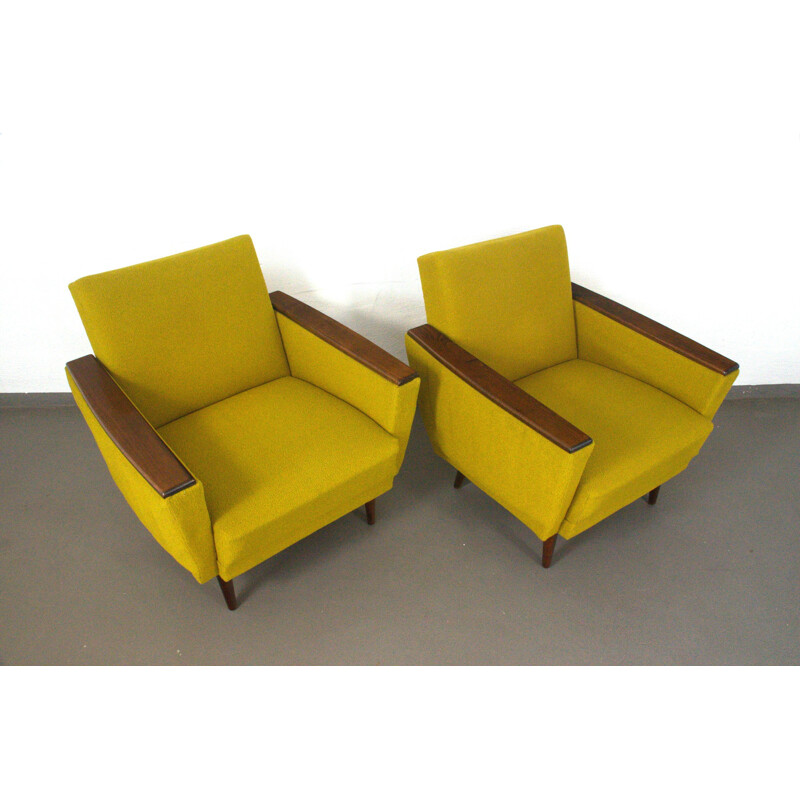 Pair of easychairs in yellow and wood - 1950s