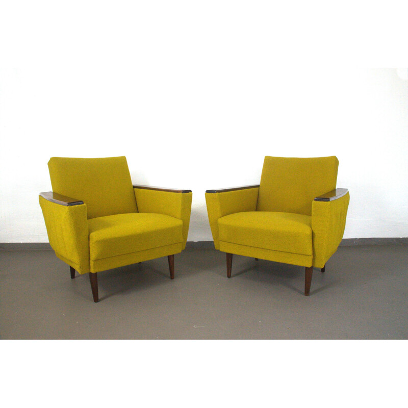 Pair of easychairs in yellow and wood - 1950s