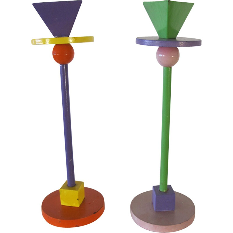 Set of 2 Enameled Iron Memphis Candlesticks - 1980s