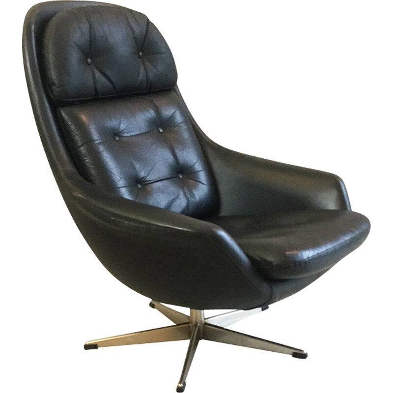 Vintage scandinavian swivel chair in black leather - 1960s
