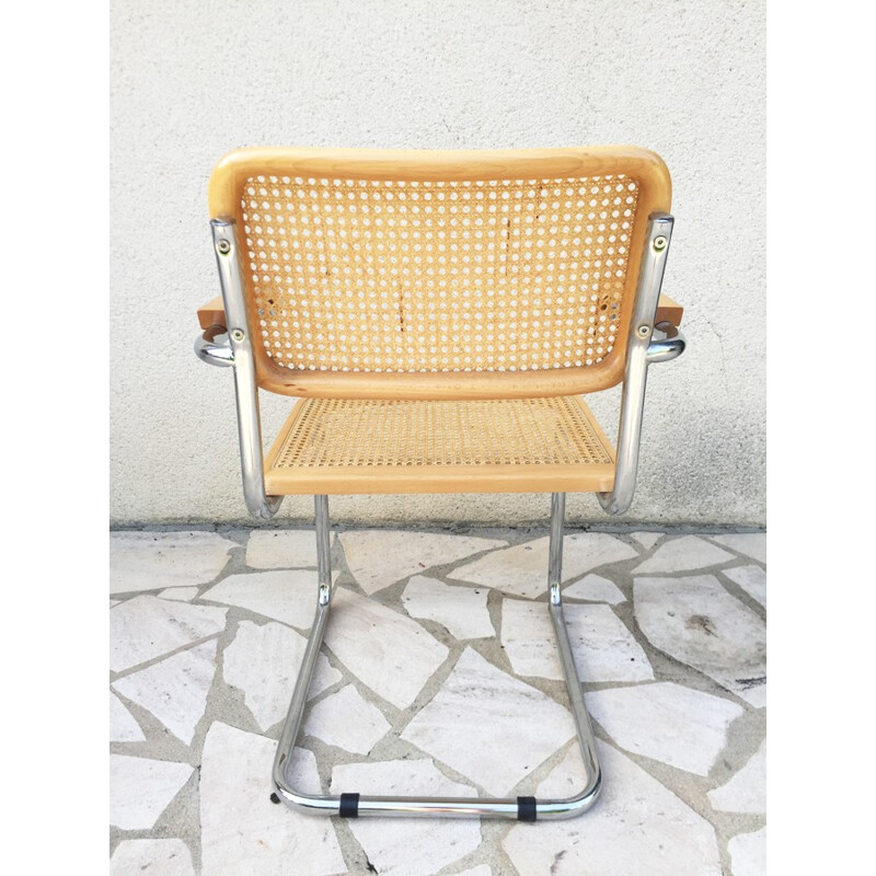 Fauteuil vintage avec dossier en acier et cannage - 1970