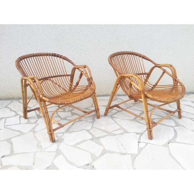 Set of 2 vintage rattan armchairs - 1960s