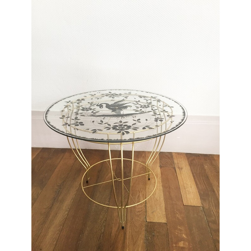 Vintage pedestal table in golden metal and glass - 1950s