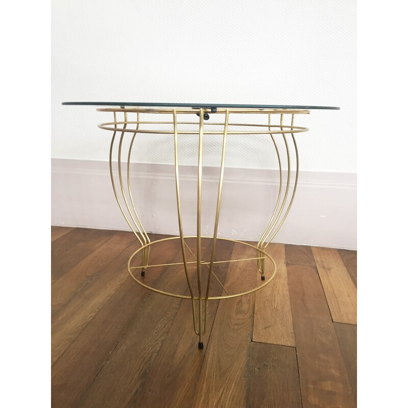 Vintage pedestal table in golden metal and glass - 1950s