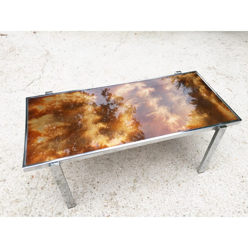 Table basse vintage chrome et en verre - 1970