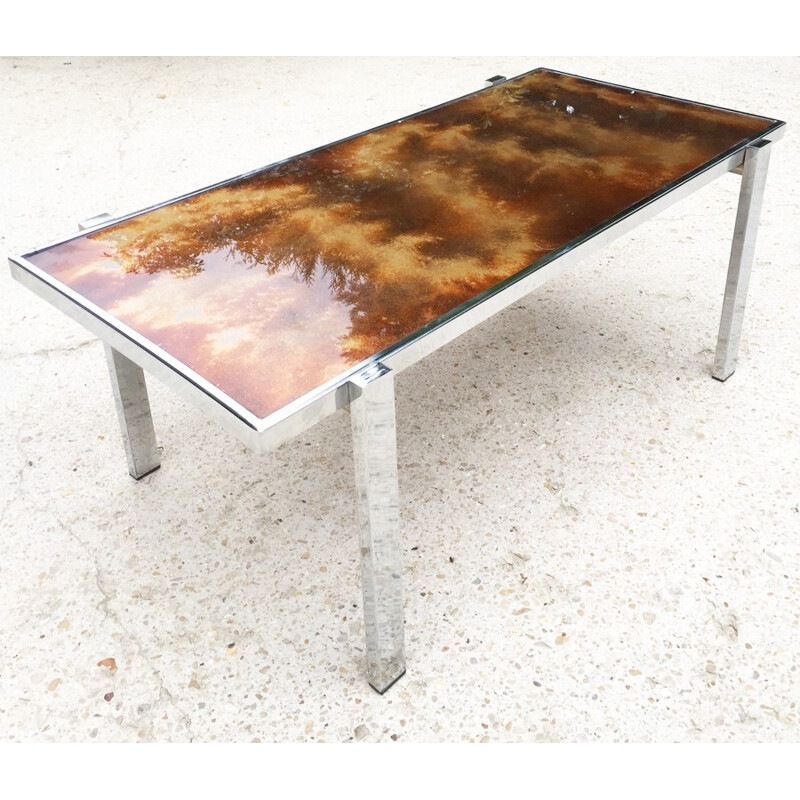 Table basse vintage chrome et en verre - 1970