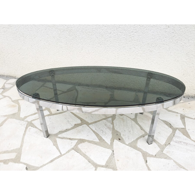Vintage chrome and glass oval coffee table - 1970s