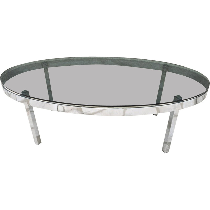 Vintage chrome and glass oval coffee table - 1970s