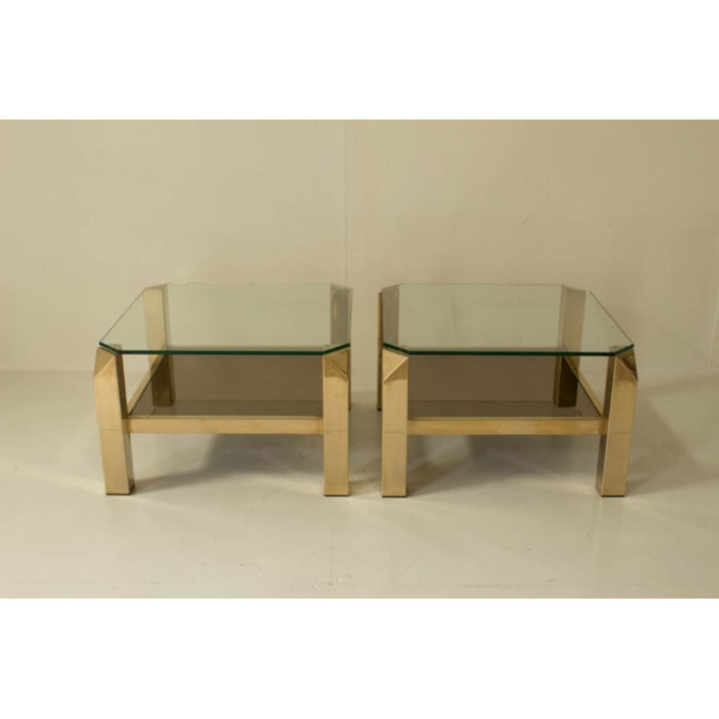 Pair of golden coffee table made of brass and glass for Belgochrome - 1970s