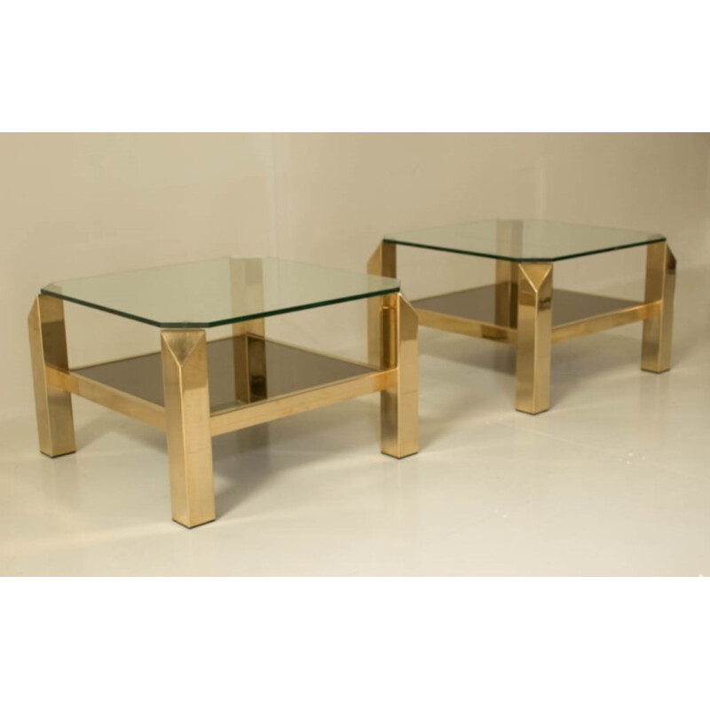 Pair of golden coffee table made of brass and glass for Belgochrome - 1970s