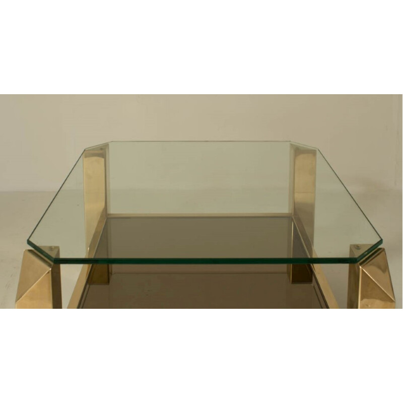 Pair of golden coffee table made of brass and glass for Belgochrome - 1970s