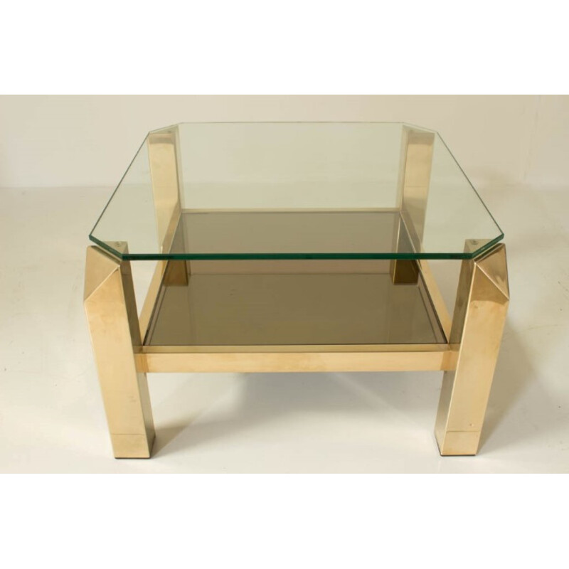 Pair of golden coffee table made of brass and glass for Belgochrome - 1970s