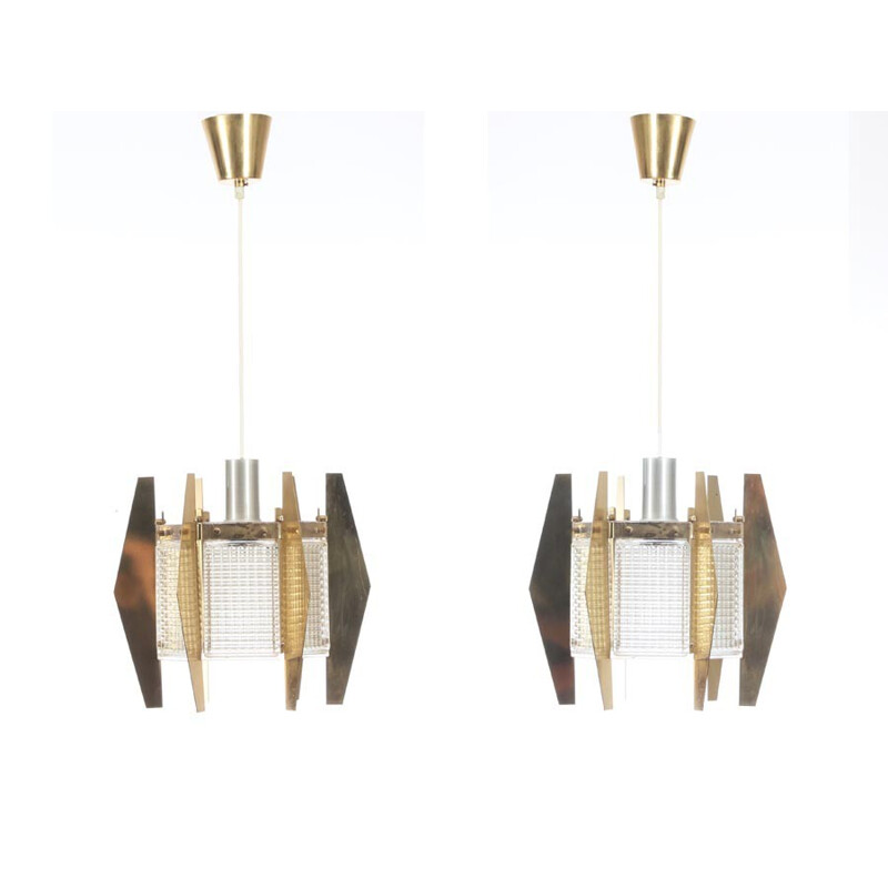 A pair of Scandinavian glass and brass hanging lamps by Carl Fagerlund for Orrefors - 1960s